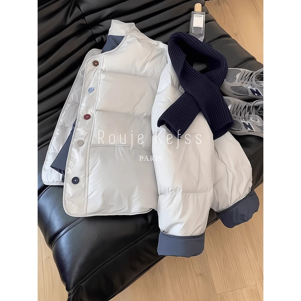 Rouje kefss法式撞色圆领彩色扣棉服女秋冬季保暖短款面包服外套