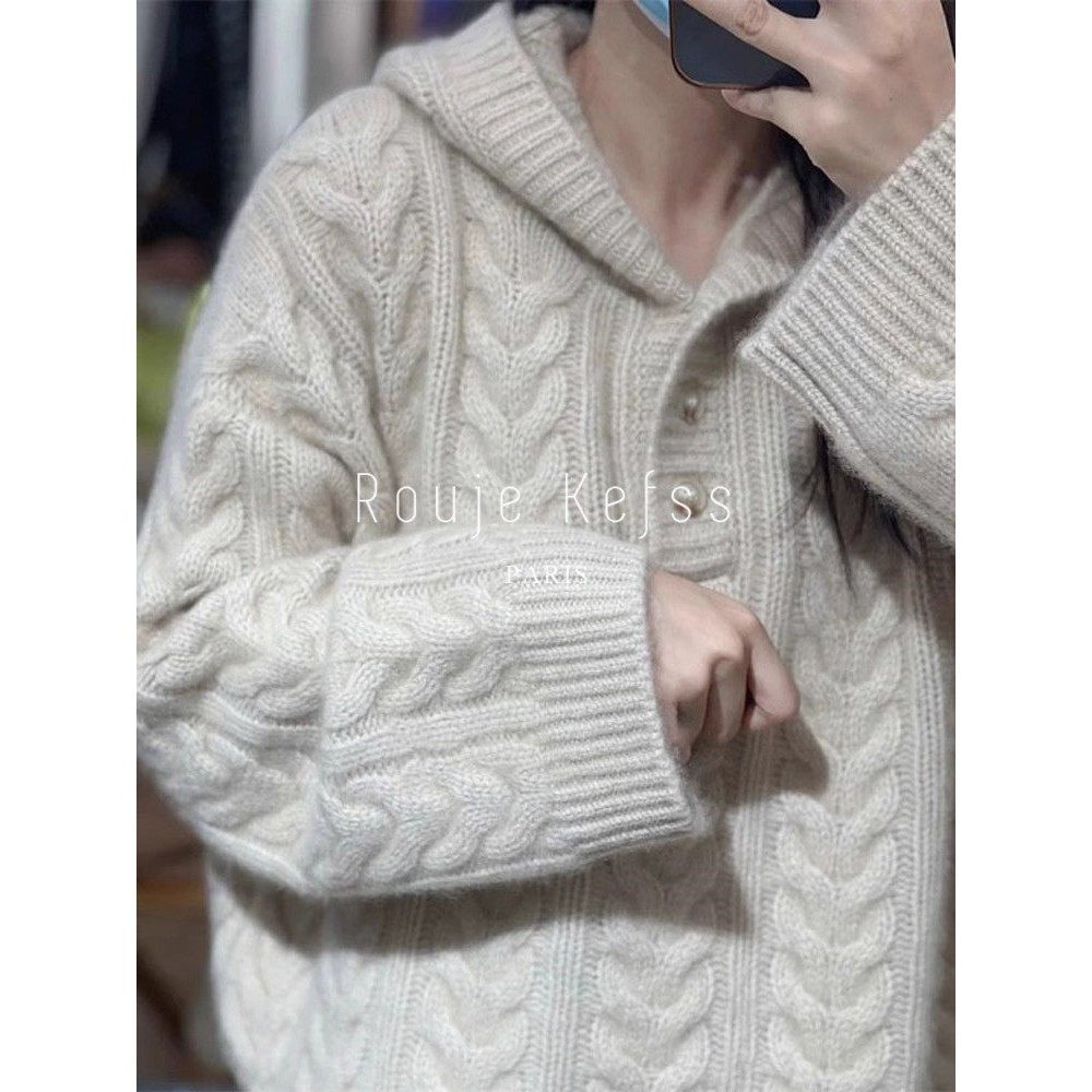 Rouje kefss法式连帽慵懒麻花针织开衫女秋冬设计感软糯毛衣外套,女装/女士精品,常规大码外套,淘宝优惠券,粉丝福利购,淘宝优惠卷