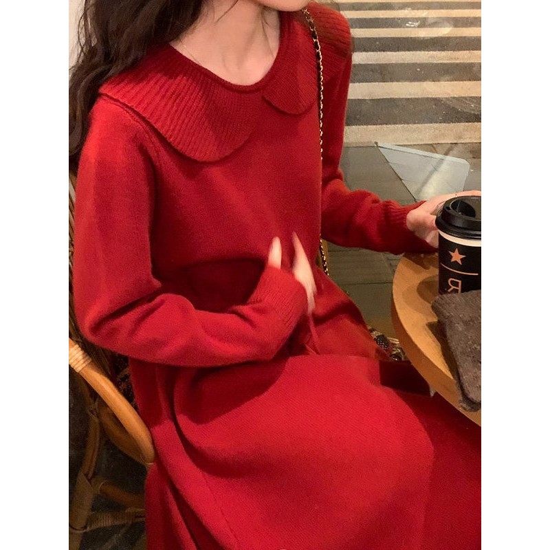 欧洲站红色针织连衣裙女秋冬季赫本小红裙订婚礼服配大衣打底裙子
