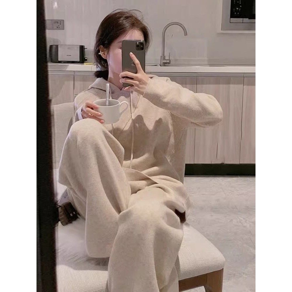 欧洲秋冬服装新款宽松休闲连帽时尚套装港式女装阔腿裤针织两件套