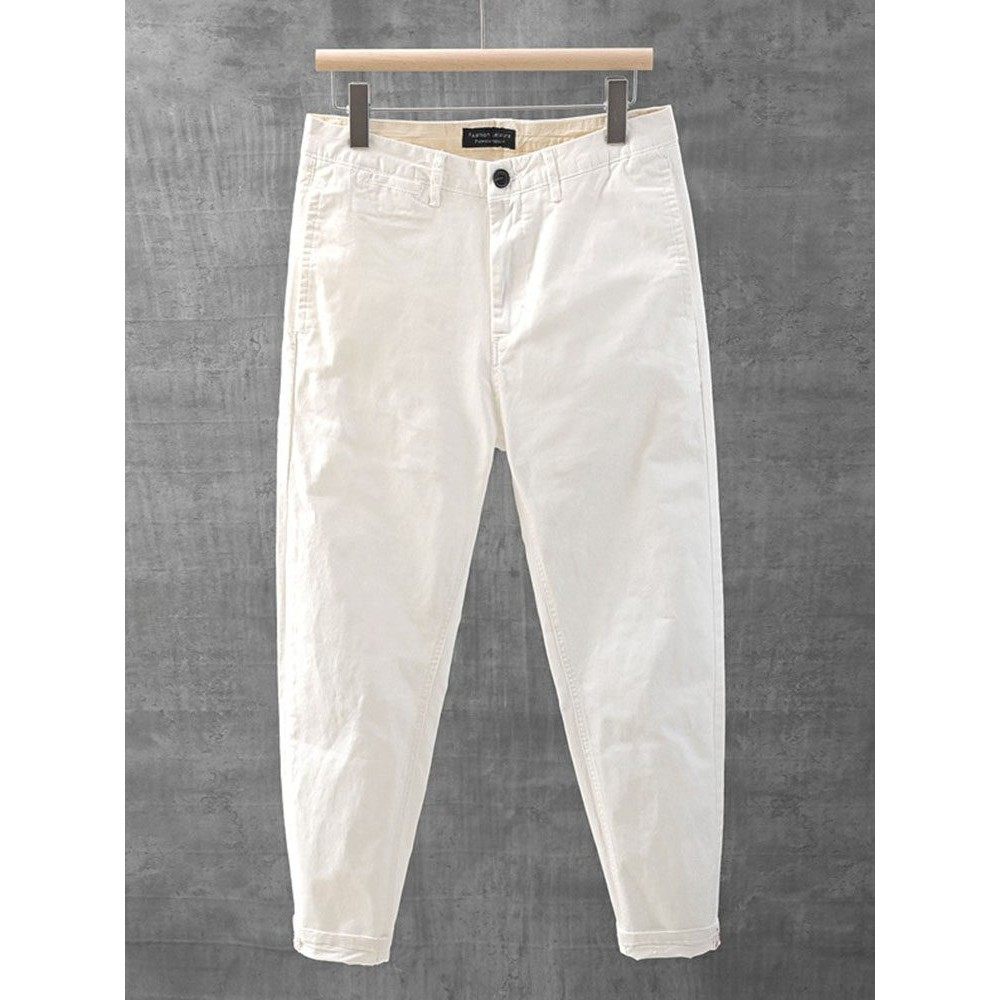 白色休闲裤男士夏季高级感直筒宽松纯棉弹力潮流小脚牛仔长裤子