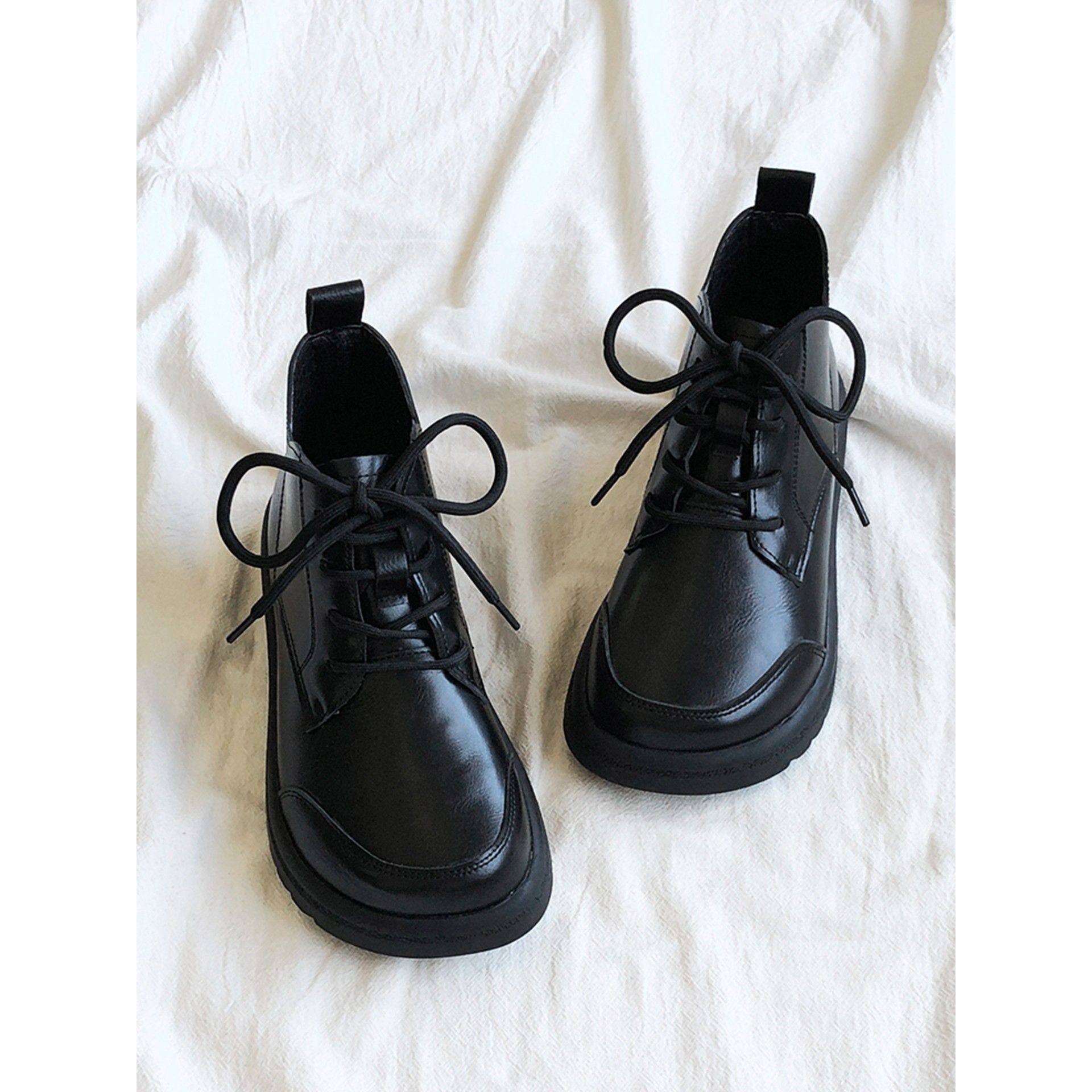 香港法式黑色短靴女秋冬新款真皮厚底平底系带加绒保暖棉鞋马丁靴