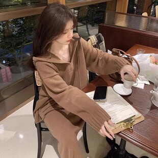 欧洲站韩系百搭休闲套装裙子秋冬季新款连帽针织衫半身裙两件套女