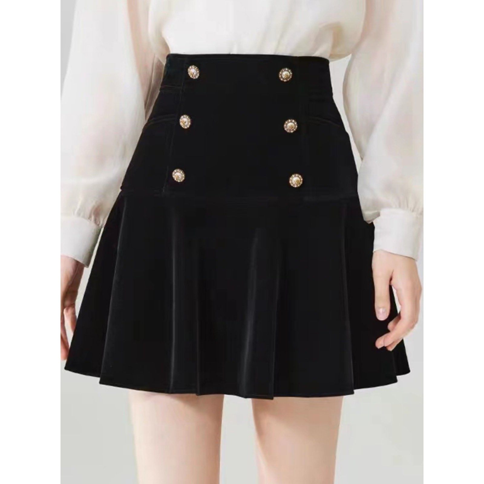 丝绒荷叶裙黑色覆古风格秋季新优雅优雅工作服a字裙小黑裙,女装/女士精品,半身裙,淘宝优惠券,粉丝福利购,淘宝优惠卷