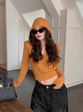 Rixo Kelly韩系内搭黄色连帽针织打底衫穿搭薄款毛衣修身短款上衣