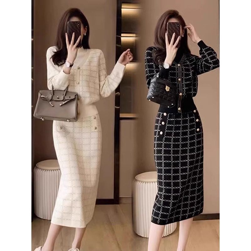 欧洲站法式毛衣针织半身裙子套装女2024秋冬新款高腰连衣裙两件套