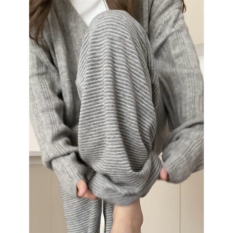 韩国灰色阔腿裤女2024新款春夏高腰慵懒休闲直筒条纹窄版针织卫裤,女装/女士精品,休闲裤,淘宝优惠券,粉丝福利购,淘宝优惠卷