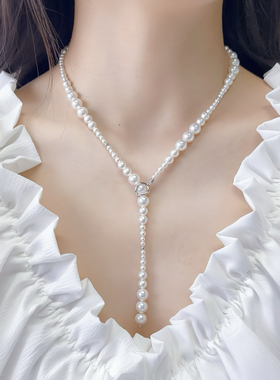 进口施家渐变珠长珍珠项链$925银扣轻奢小众设计感毛衣链Y字链
