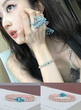 孙千同款编绳手链莫兰迪色系桃花结白玛瑙扣结温柔系手工编绳手链
