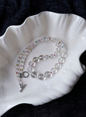 天然白水晶彩色锁骨链女夏天简约百搭小众高级感水晶串珠项链