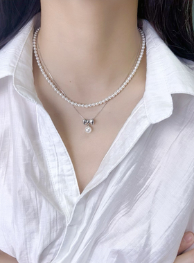 几朵家/花间舞 蝴蝶结吊坠项链叠戴珍珠项链$925银小众高级感项链