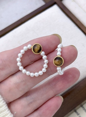 几朵家/彼岸秋风 虎眼石施家baby珠珍珠戒指$925银镀金小众指环