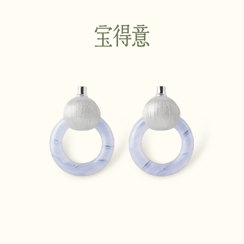 宝得意耳饰葫芦蓝纹玛瑙玉圈耳钉中式清冷中式饰品天然玉石礼物女