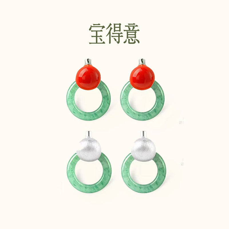 宝得意葫芦玉圈耳饰东陵玉耳环耳钉高级拉丝生日礼物