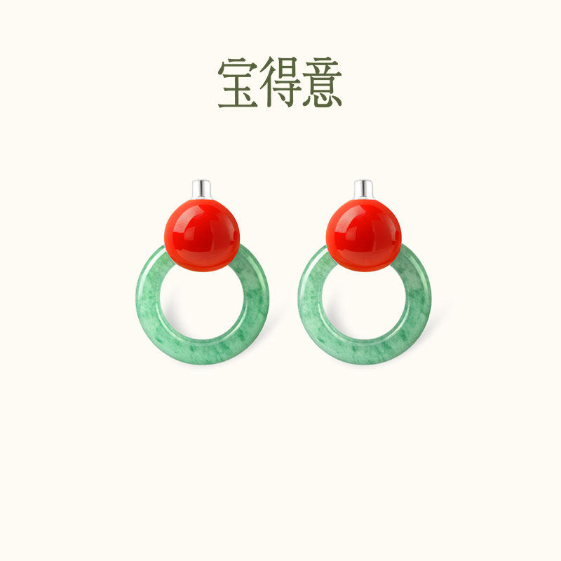 宝得意红色葫芦玉圈耳环新中式拉丝耳钉本命年东陵玉轻奢宝石礼物