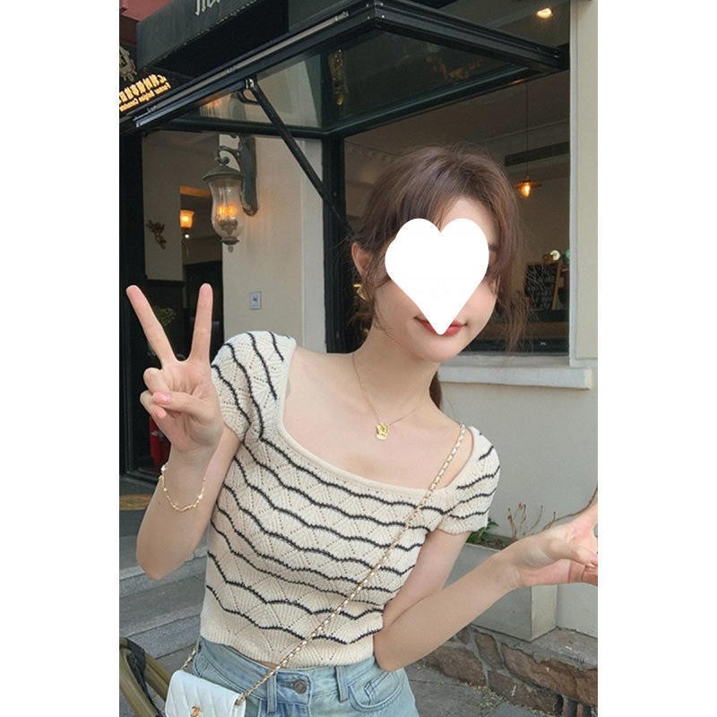 新夏季方领设计感镂空冰丝针织短袖恤女别致绝美短款甜辣小衫上衣
