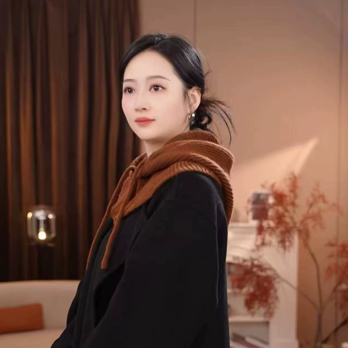 针织巴拉克拉法帽女带纽扣抽绳