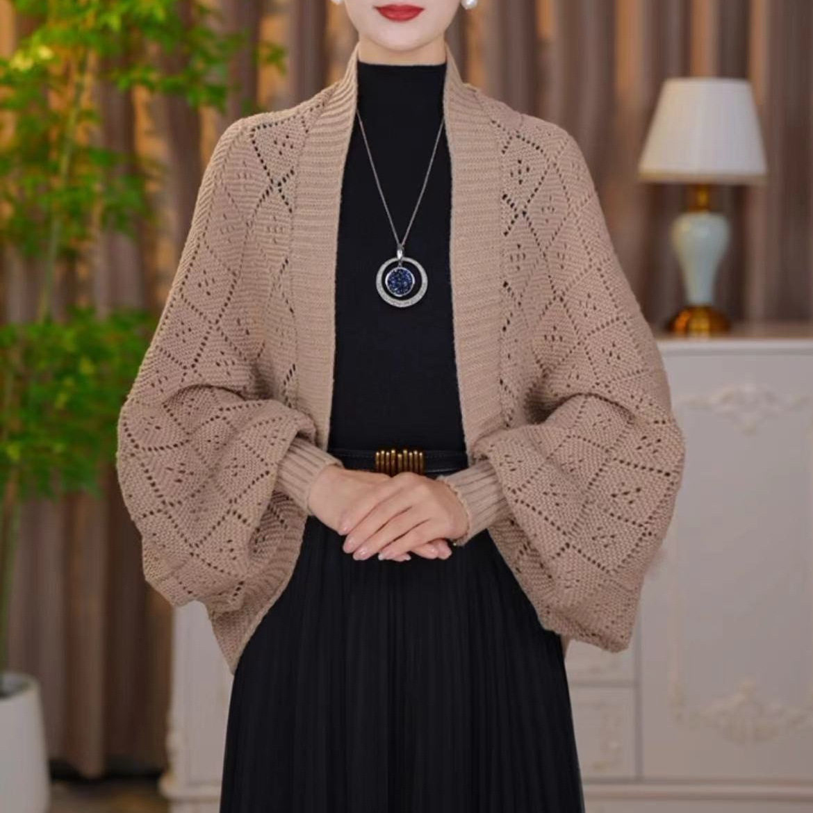 披肩外搭女2025新款旗袍针织衫秋冬款密织方格保暖高端大气上档次