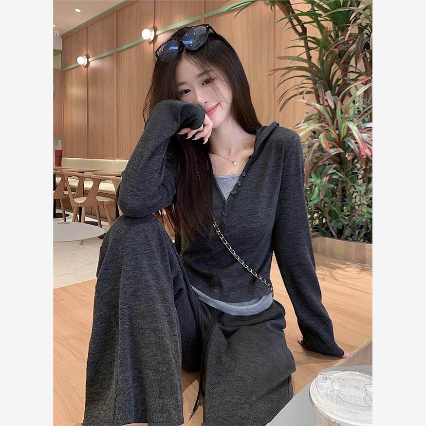 连帽卫衣运动服套装女春秋设计感韩版显瘦上衣休闲两件套阔腿裤潮