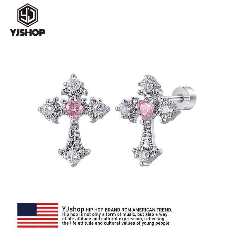 粉色爱心十字架耳钉钛钢男