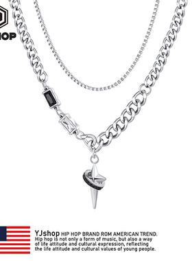 钛钢环绕星月芒星项链男士双层