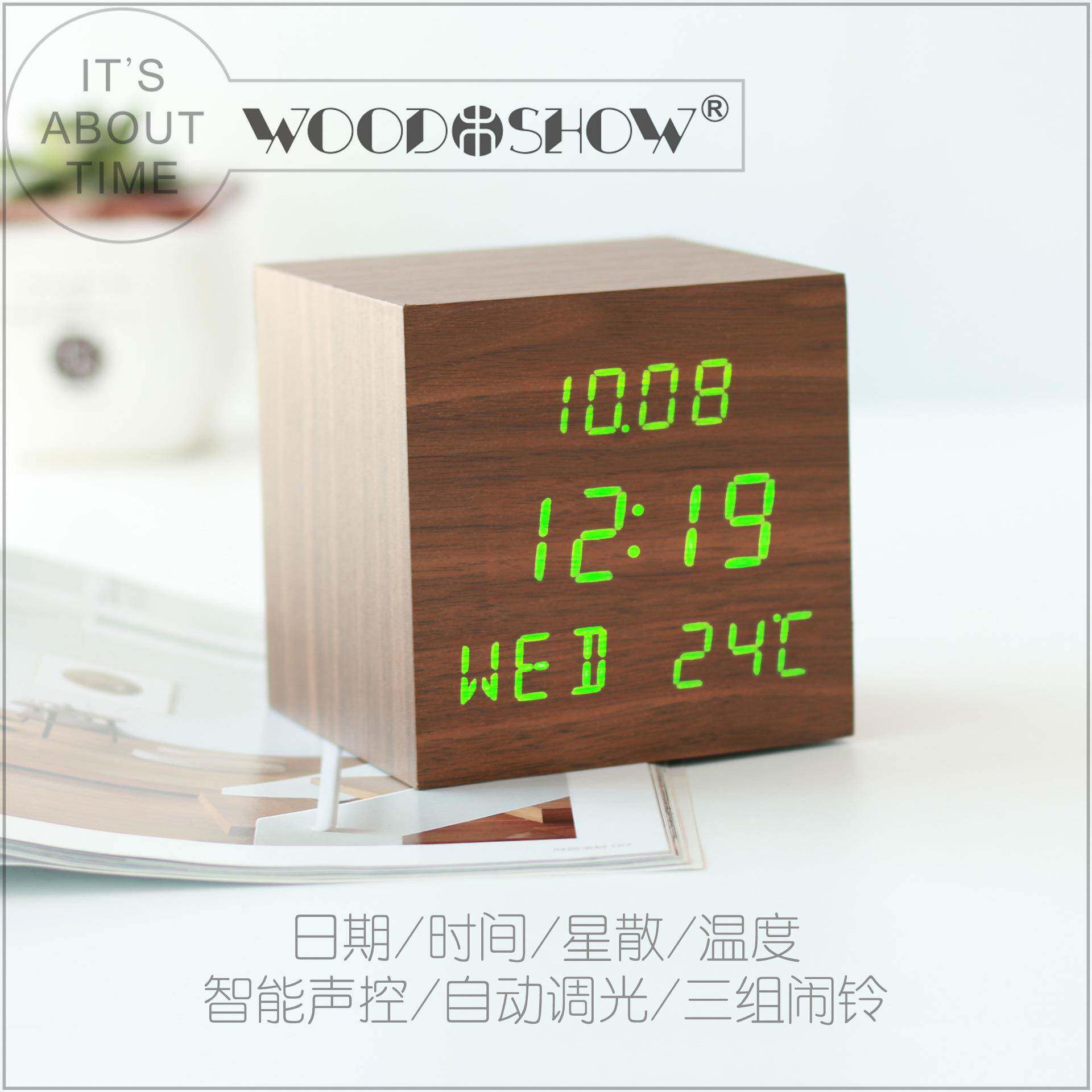 LED创1310意子木头钟万年度历光温数码闹钟钟夜表电客厅