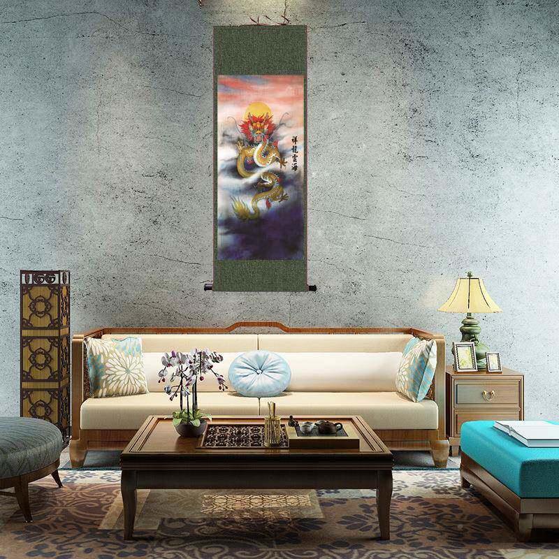 画2U8K祥龙轴云海装饰厅青龙丝绸画客画国画龙卷画玄关挂画办无品