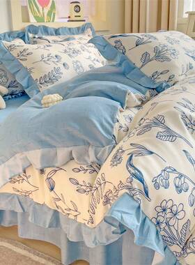 园绿色小碎花被套风磨毛床上田无品牌/舍四件套花边公主床品宿床