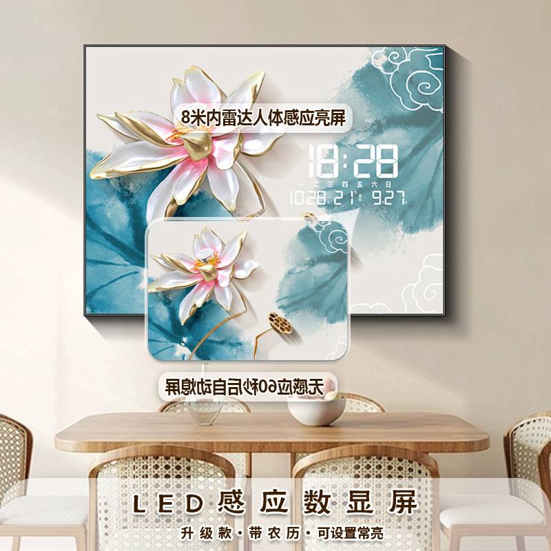 新中式电表箱装饰画创意数显时钟带农历荷花餐厅配电箱遮挡画挂钟图片