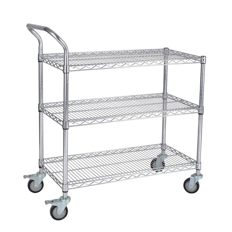 不钢锈双层镀铬线网推车2层置架商带轮两层物料架电物仓IRR库拣货