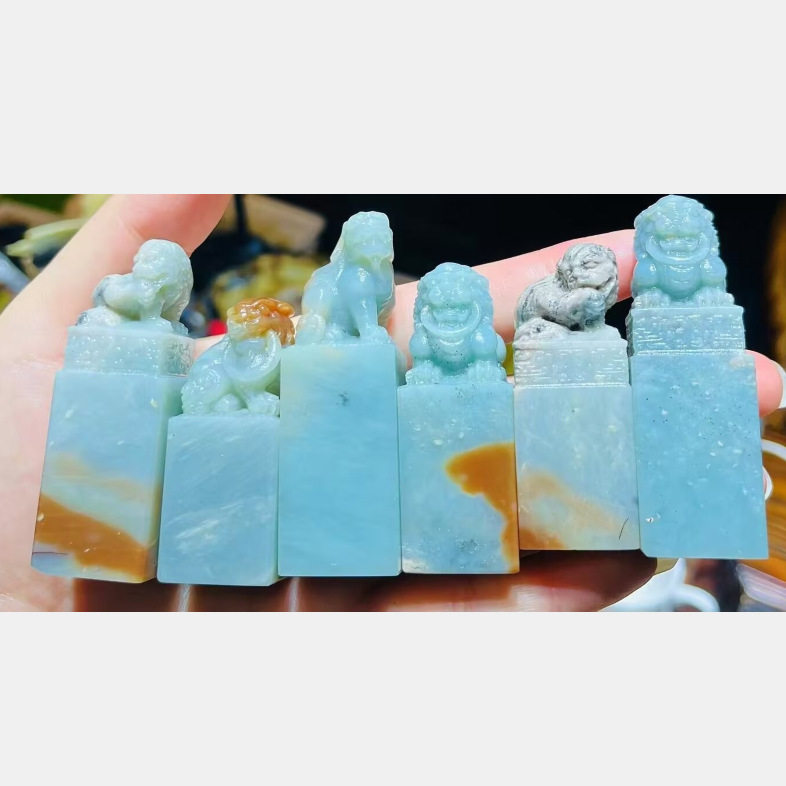 云南天青蓝瑞兽印章一组6方2*2高5.5-7CM篆刻书法章鸡血寿山石