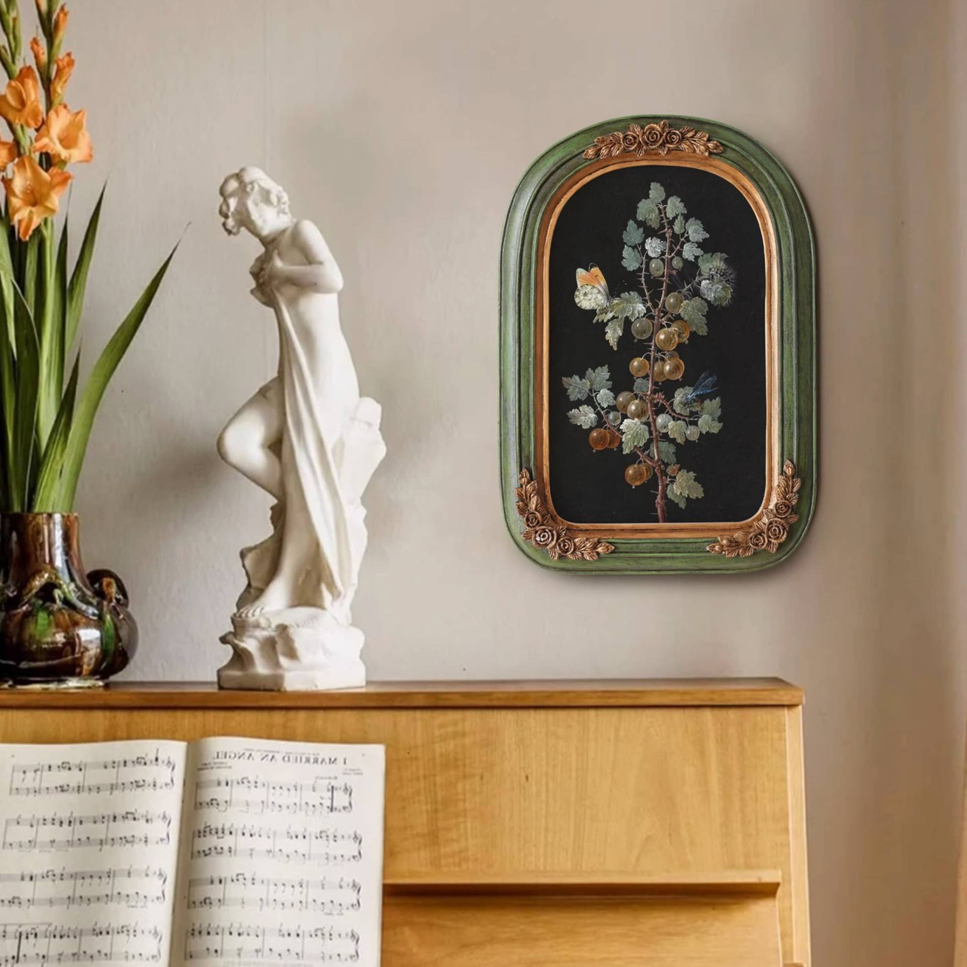 中古小众古典复古怀旧装饰画法式植物花卉拱形框美式挂画餐厅房间图片