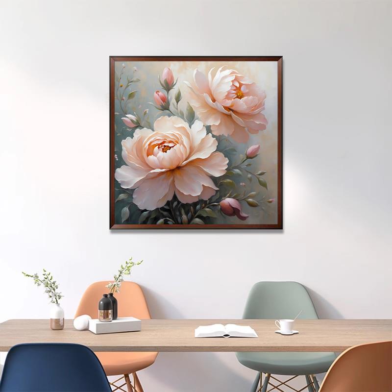 牡丹花开富贵图手绘油画立体现代简约奶柿子-正玄关油纯风餐厅走