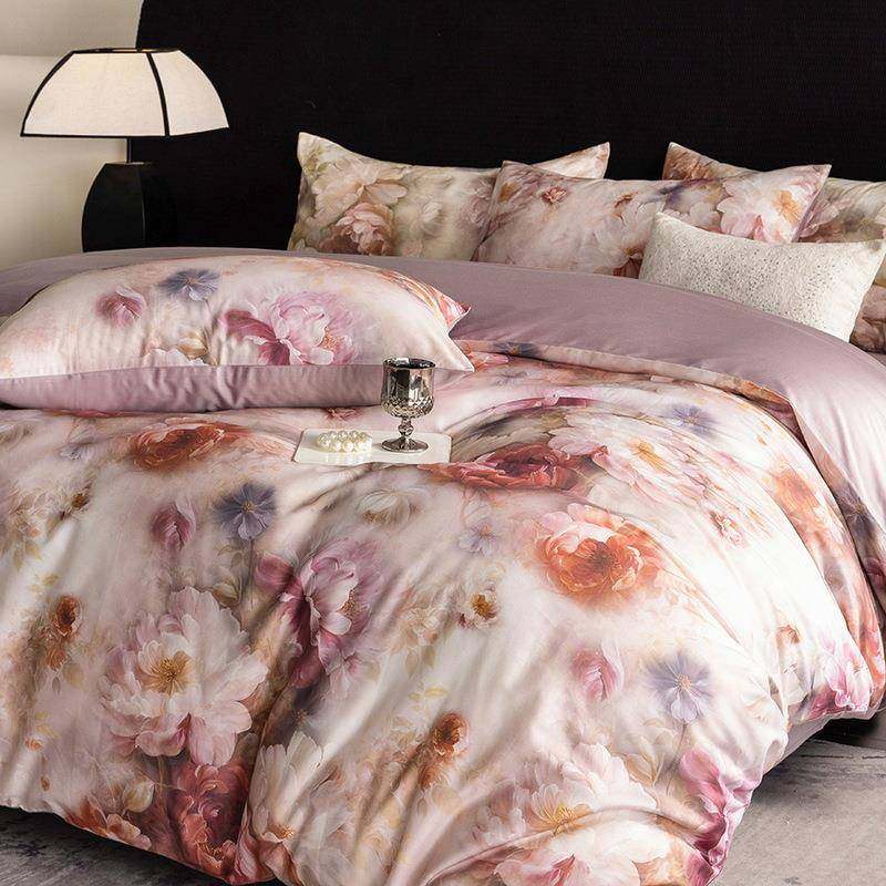 四季款60数支码四印套花长绒棉被床单PHX家用件套植物花卉水墨渲