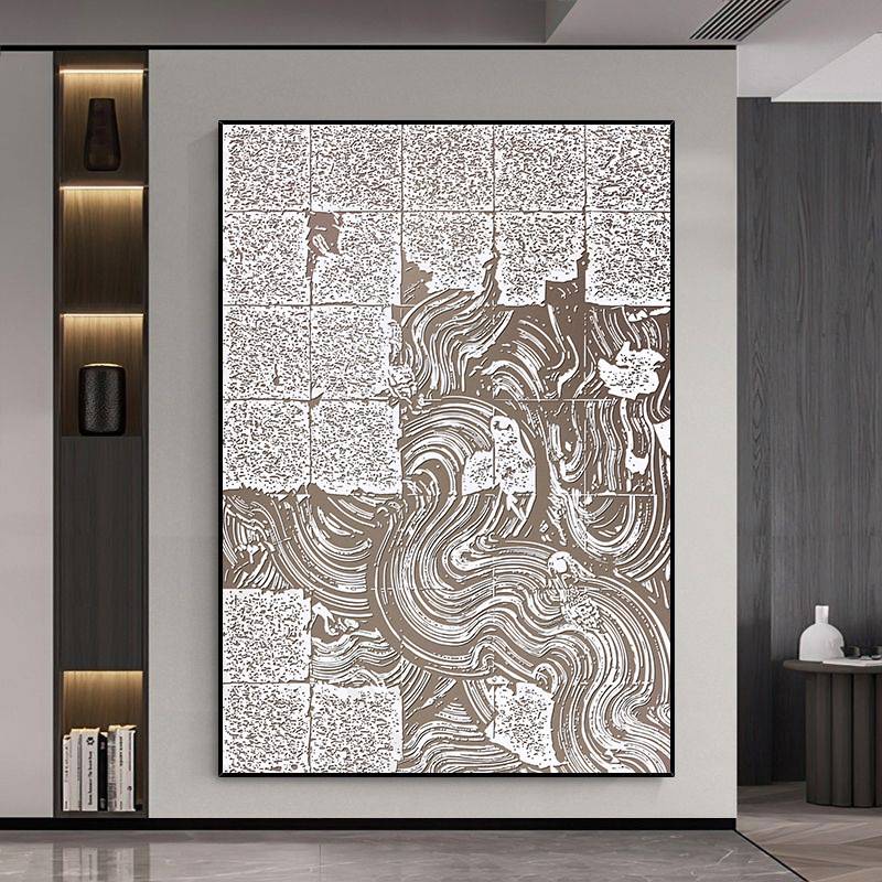 入户走廊尽头沙岩浮雕肌理壁画过道抽象样板房现代简约玄关装饰画