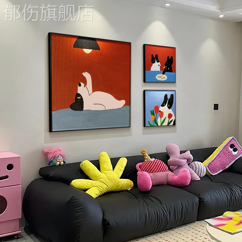 多巴胺客厅装饰画卡通小狗红色正方形餐厅壁画儿童房卧室床头挂画图片