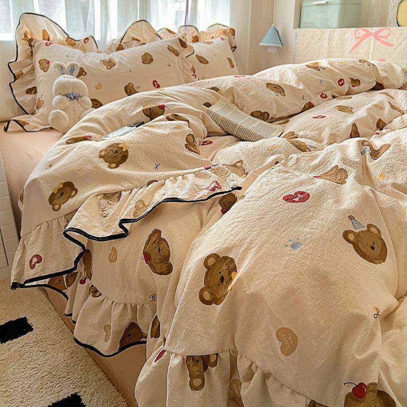 超小清学PGE新云感针织棉大花边软四件件套床笠款被套床单生宿舍