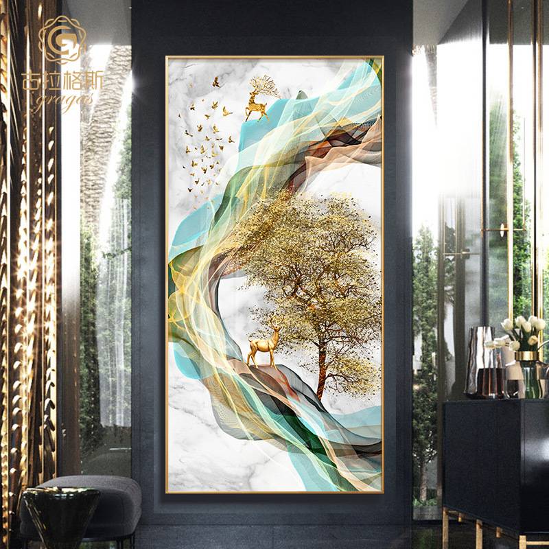中式高档入户玄关装饰画竖版轻奢现代发财鹿壁画客厅餐厅走廊挂画图片