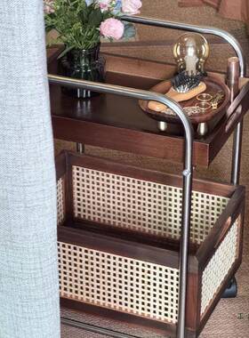 实木可移动边几物收纳中古客小推车厅茶边985几储物置架藤编复古