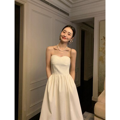 速发pus带de黑色抹胸连衣裙2款24新0高级感法式吊u裙气质收腰裙子