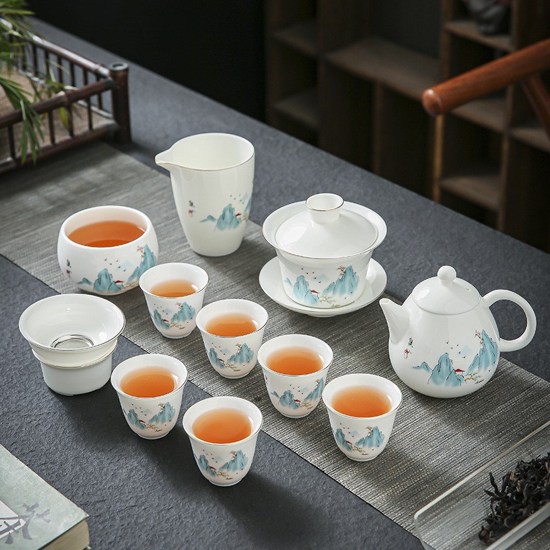 晟翔陶瓷茶具观山羊脂玉盖碗茶壶十套加主人杯家用