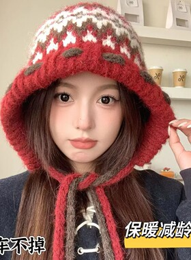 韩版费尔岛提花绑带毛线针织帽女冬季保暖红色显脸小护耳套头帽子