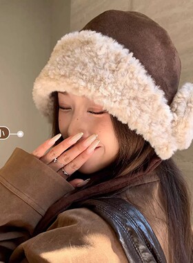 羊羔毛防寒毛绒帽子女2026新款秋冬季护耳帽保暖显脸小绑带雷锋帽