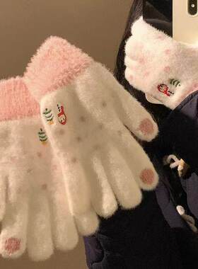可爱雪人圣诞毛绒五指手套女2026年冬季毛茸茸保暖防寒骑行可触屏