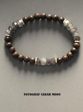 【幽幽蓝光 粗狂奔放】天然灰月光拉长石原石水晶手串沉香木手链