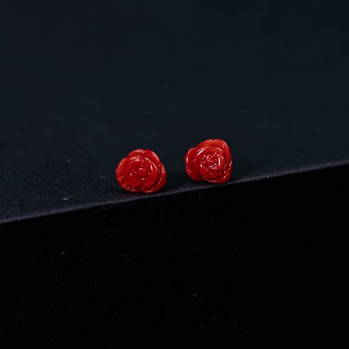【思思】红珊瑚18k金针耳饰玫瑰花时尚独特气质耳钉6mm多样性发货