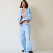 浅蓝色莱赛尔时尚 女阔腿裤 休闲百搭长裤 居家外穿柔软舒适亚麻长裤