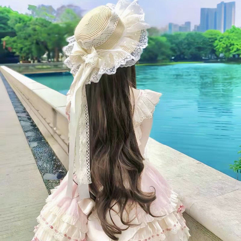 草帽蕾丝蝴蝶结遮阳帽防晒帽lolita洛丽塔海边度假沙滩飘带帽子女