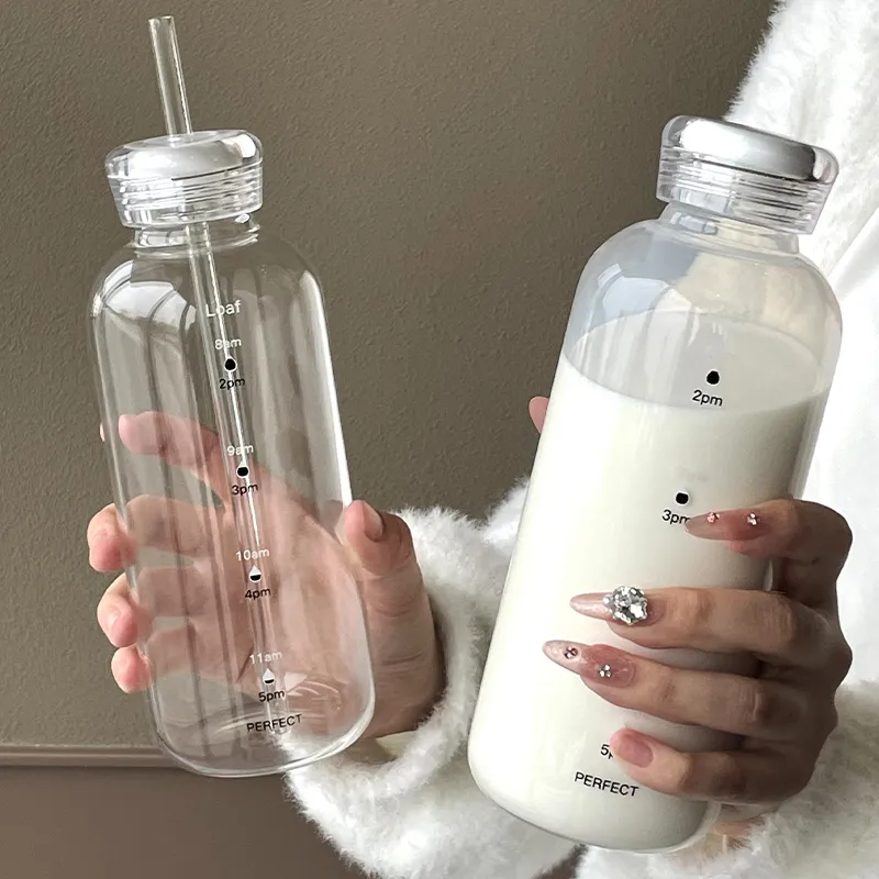 豆浆杯外带微波炉加热牛奶瓶便携玻璃杯咖啡杯双盖时间刻度牛奶杯