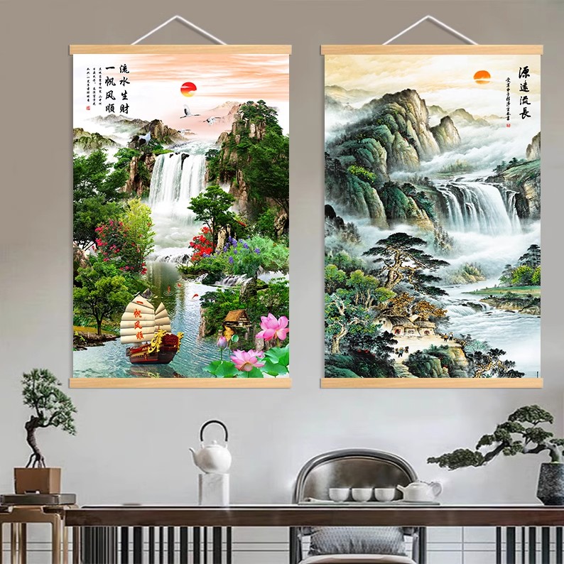 山水画流水生财客厅装饰画鸿运当头玄关招财风水画瀑布迎客松挂画